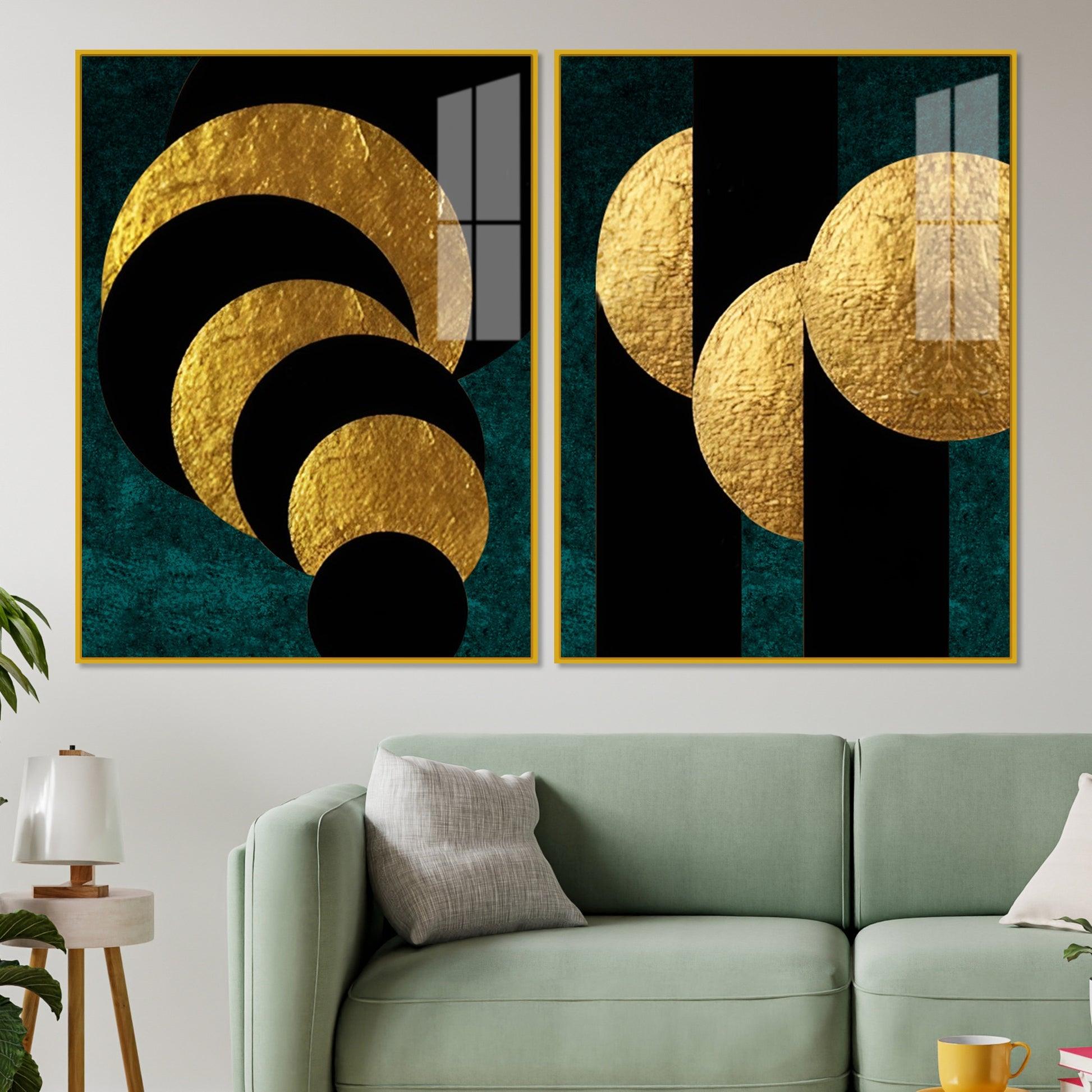 Golden Geometric Circles Shapes Art Acrylic Floating Wall Painting Set Of 2 - Decor Mantra 