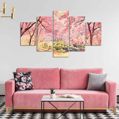 Nature Forest Pink Flower Wall Painting of Five Pieces - Decor Mantra 