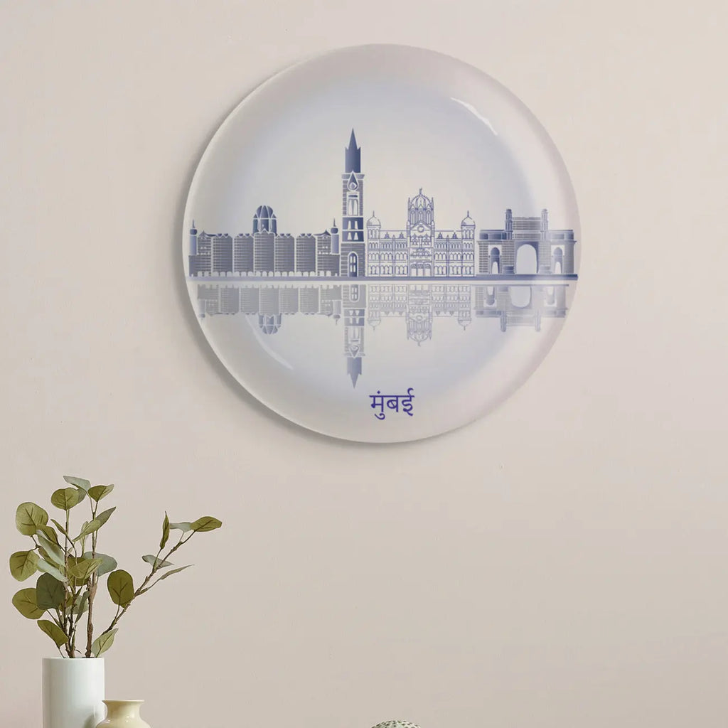 Urban Dreamscapes: Cityscape Mumbai Artistry porcelain plate - Harshita Craft