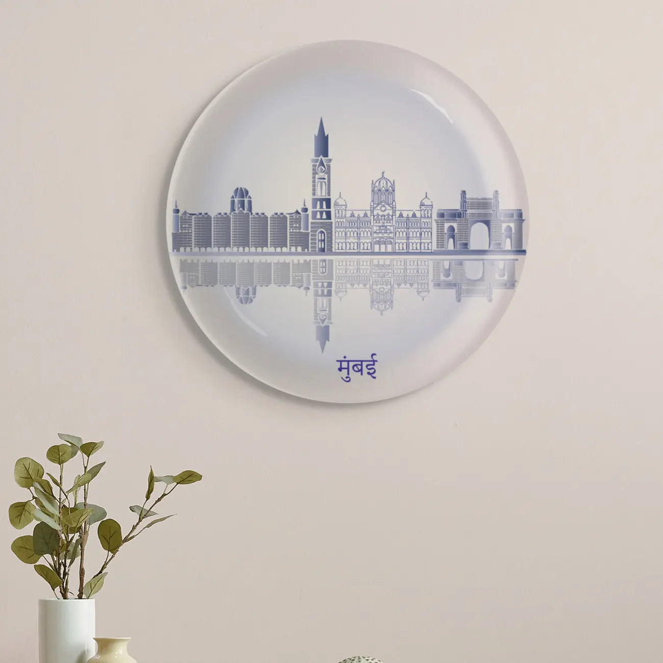 Urban Dreamscapes: Cityscape Mumbai Artistry porcelain plate - Harshita Craft