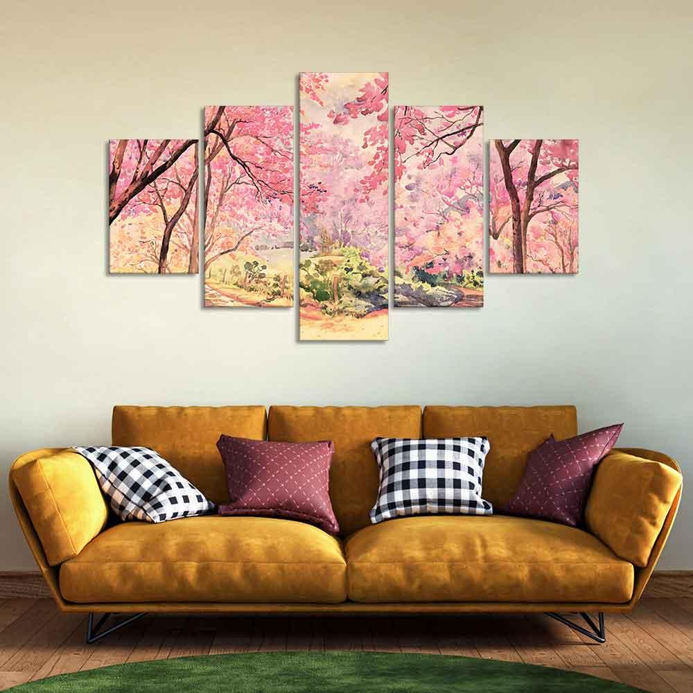 Nature Forest Pink Flower Wall Painting of Five Pieces - Decor Mantra 