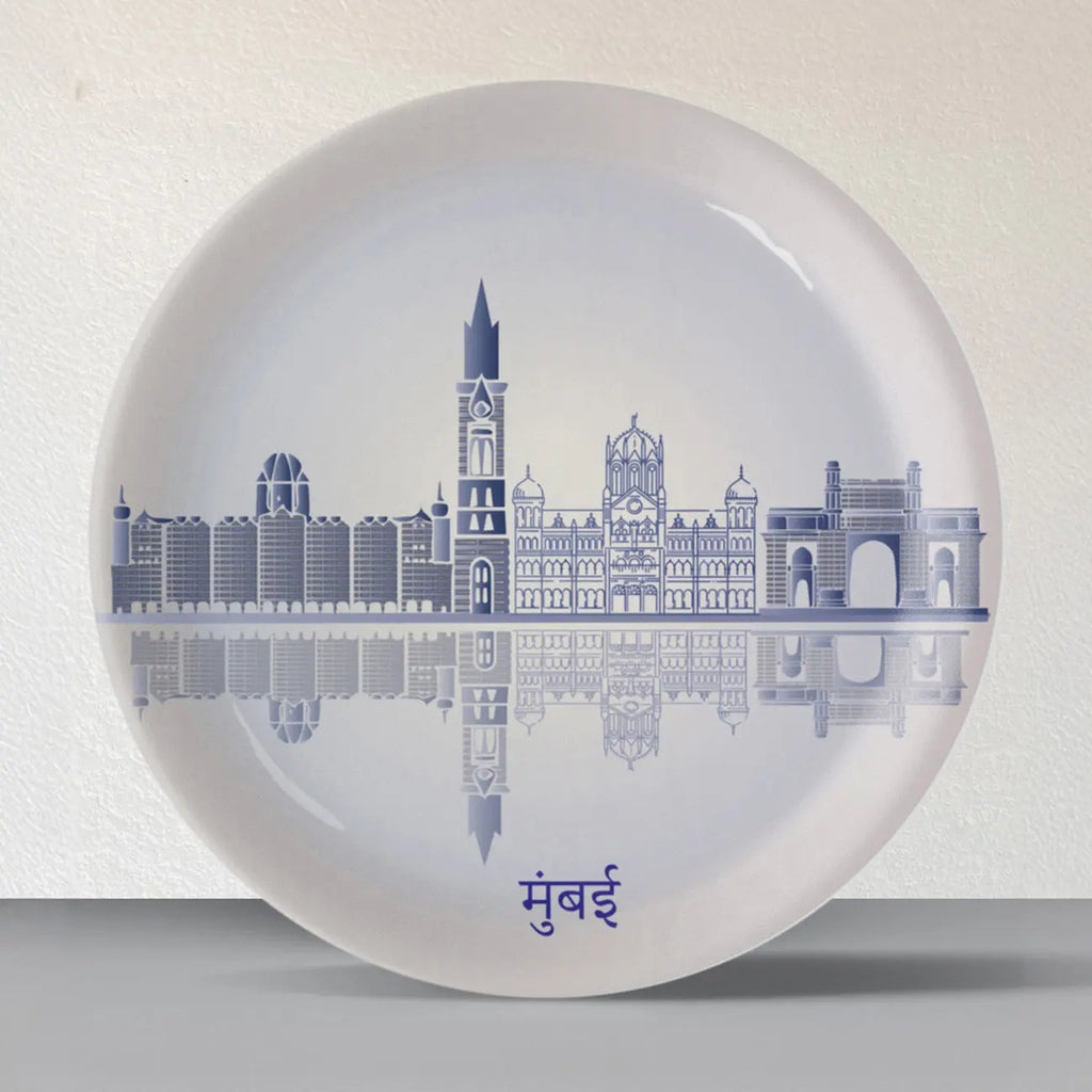 Urban Dreamscapes: Cityscape Mumbai Artistry porcelain plate - Harshita Craft