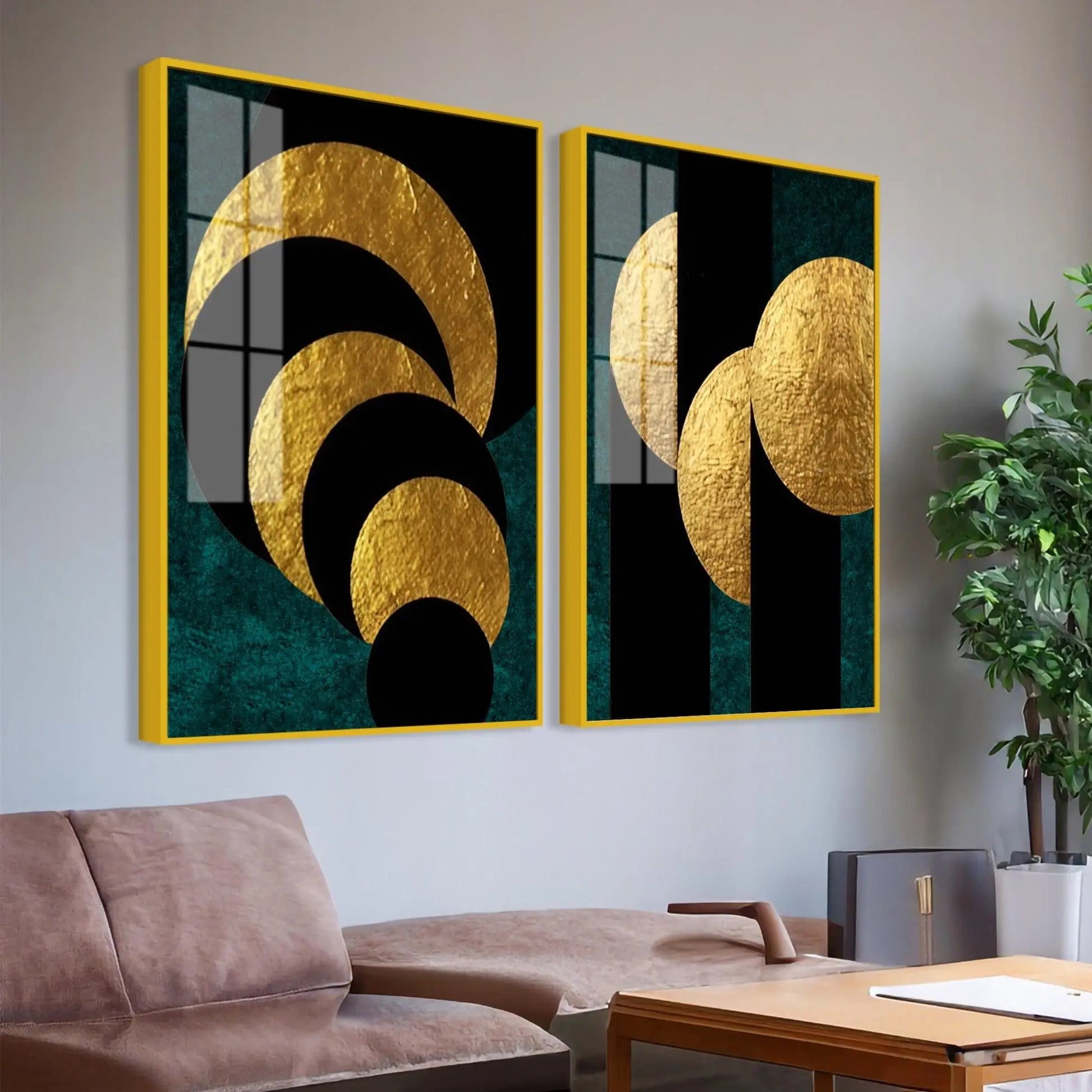 Golden Geometric Circles Shapes Art Acrylic Floating Wall Painting Set Of 2 - Decor Mantra 