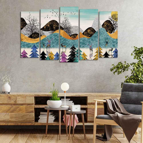 Modern Art Forest Premium Wall Painting Set of 5 Pieces - Decor Mantra 