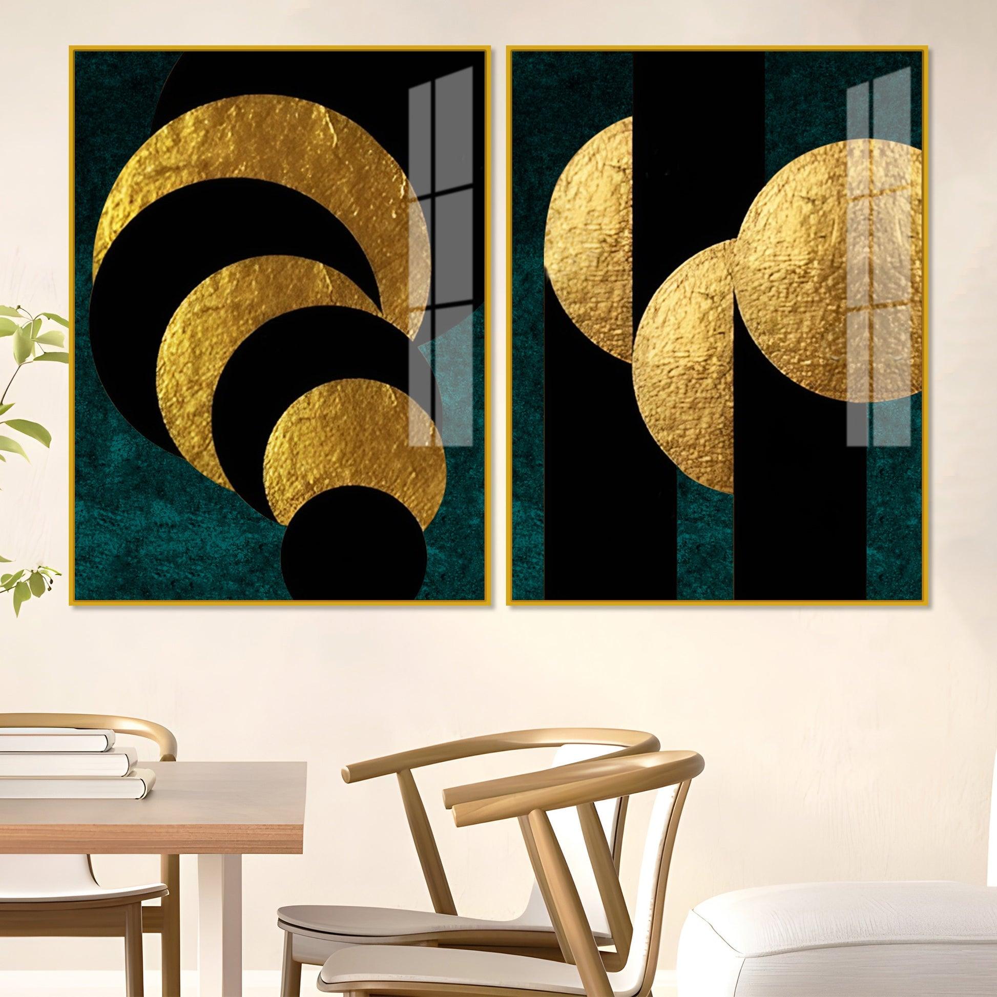 Golden Geometric Circles Shapes Art Acrylic Floating Wall Painting Set Of 2 - Decor Mantra 