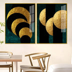 Golden Geometric Circles Shapes Art Acrylic Floating Wall Painting Set Of 2 - Decor Mantra 