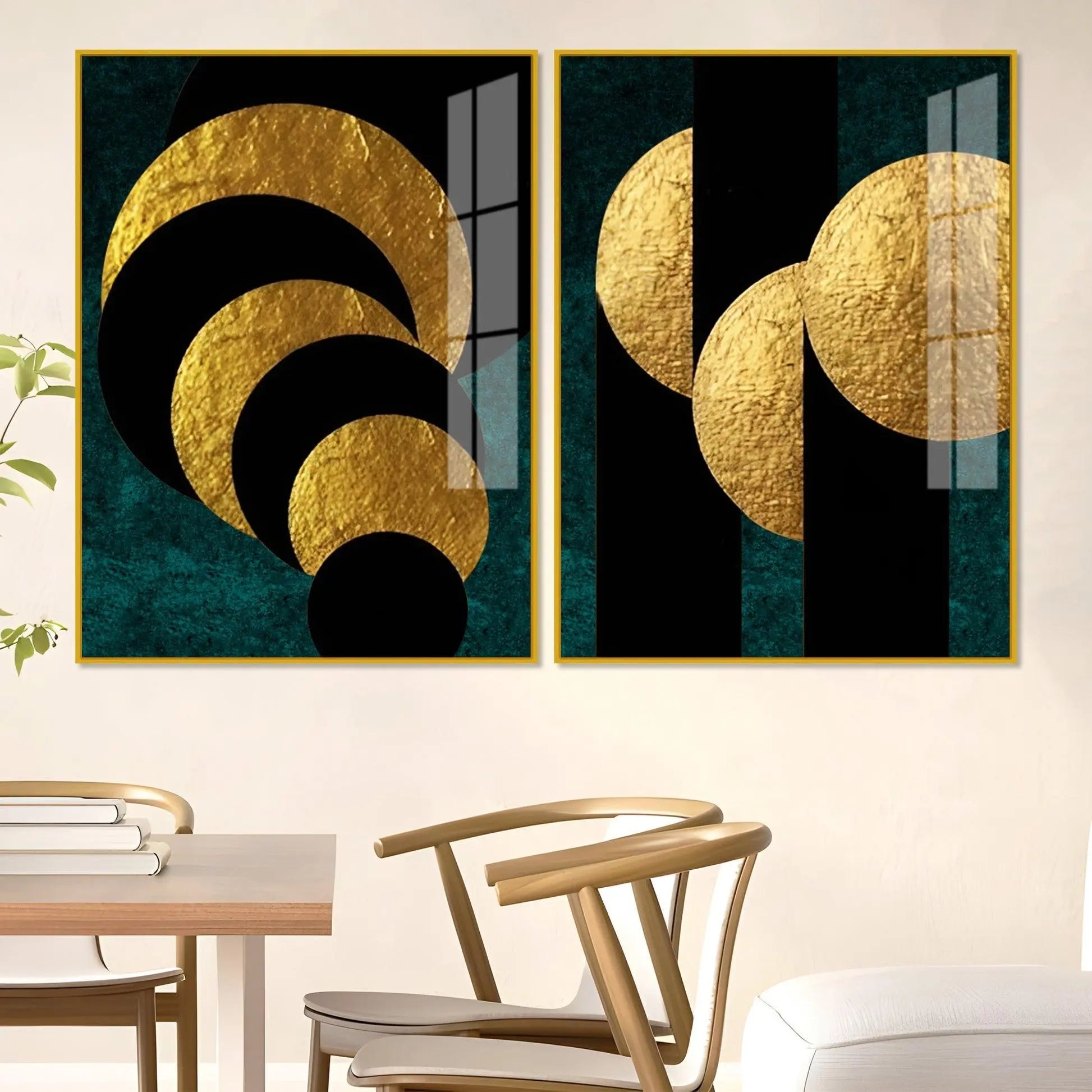 Golden Geometric Circles Shapes Art Acrylic Floating Wall Painting Set Of 2 - Decor Mantra 