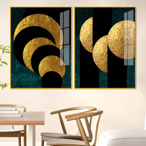 Golden Geometric Circles Shapes Art Acrylic Floating Wall Painting Set Of 2 - Decor Mantra 