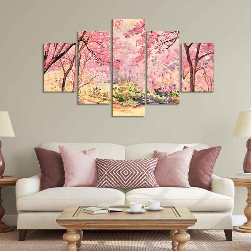 Nature Forest Pink Flower Wall Painting of Five Pieces - Decor Mantra 