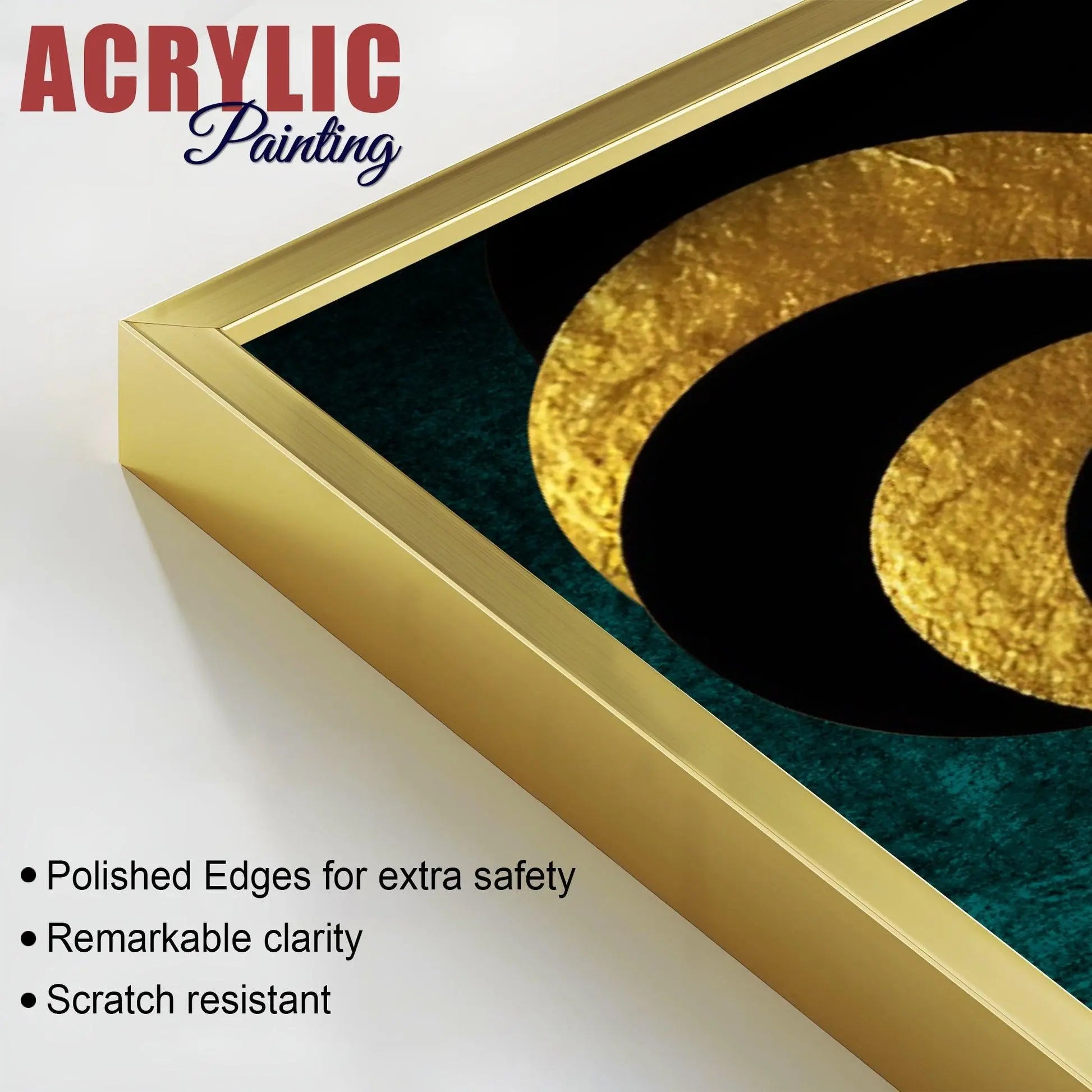 Golden Geometric Circles Shapes Art Acrylic Floating Wall Painting Set Of 2 - Decor Mantra 