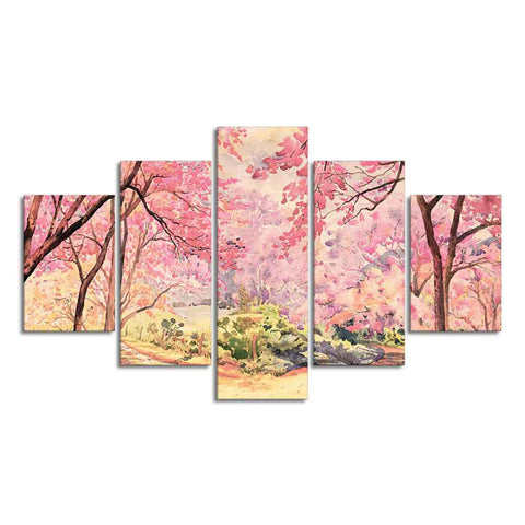 Nature Forest Pink Flower Wall Painting of Five Pieces - Decor Mantra 