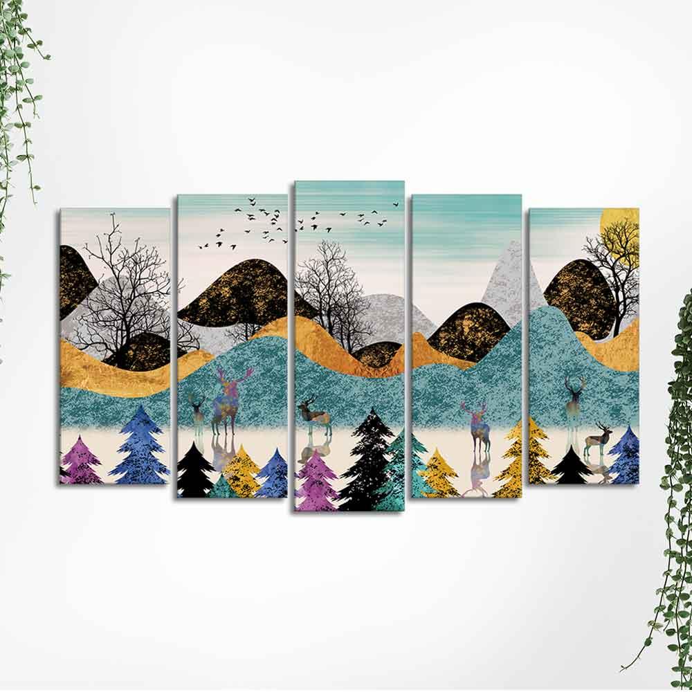 Modern Art Forest Premium Wall Painting Set of 5 Pieces - Decor Mantra 