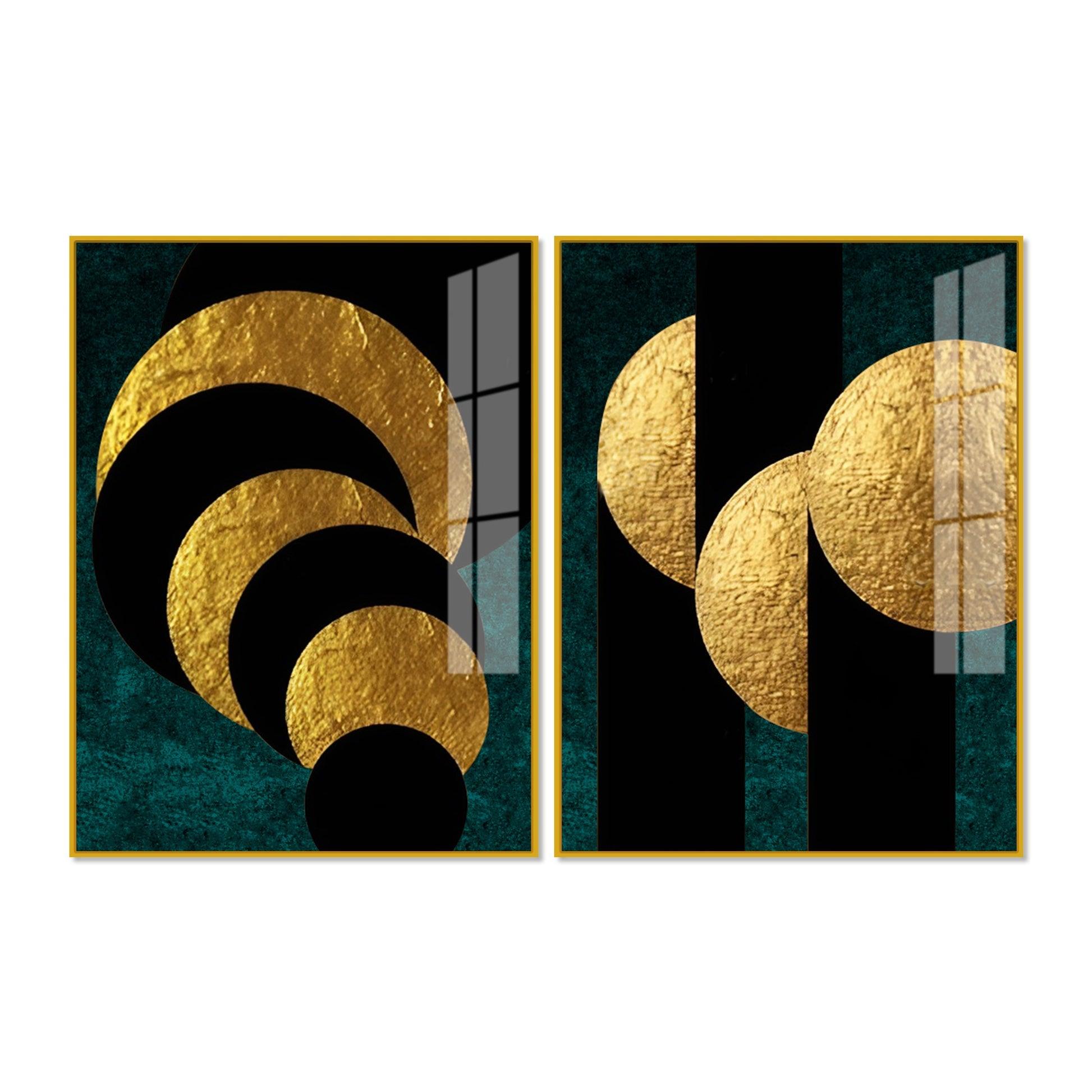 Golden Geometric Circles Shapes Art Acrylic Floating Wall Painting Set Of 2 - Decor Mantra 