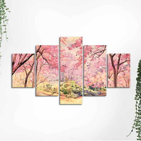 Nature Forest Pink Flower Wall Painting of Five Pieces - Decor Mantra 