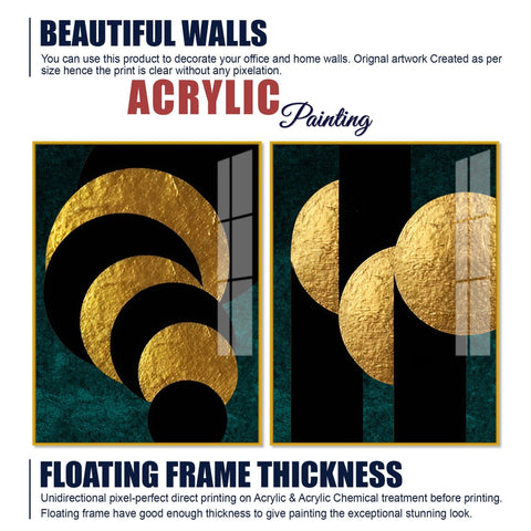 Golden Geometric Circles Shapes Art Acrylic Floating Wall Painting Set Of 2 - Decor Mantra 