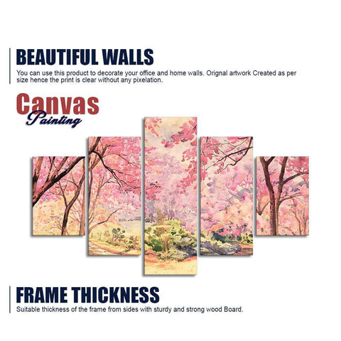 Nature Forest Pink Flower Wall Painting of Five Pieces - Decor Mantra 