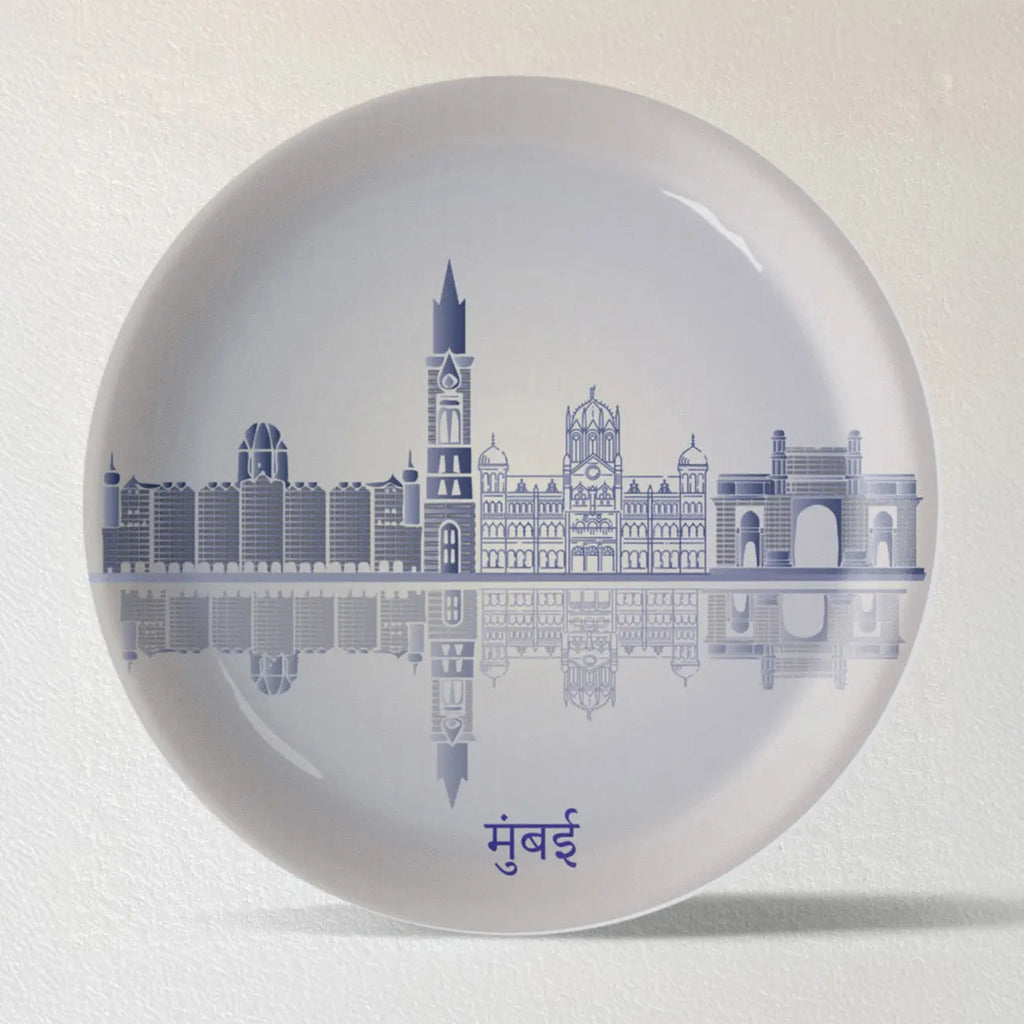 Urban Dreamscapes: Cityscape Mumbai Artistry porcelain plate - Harshita Craft