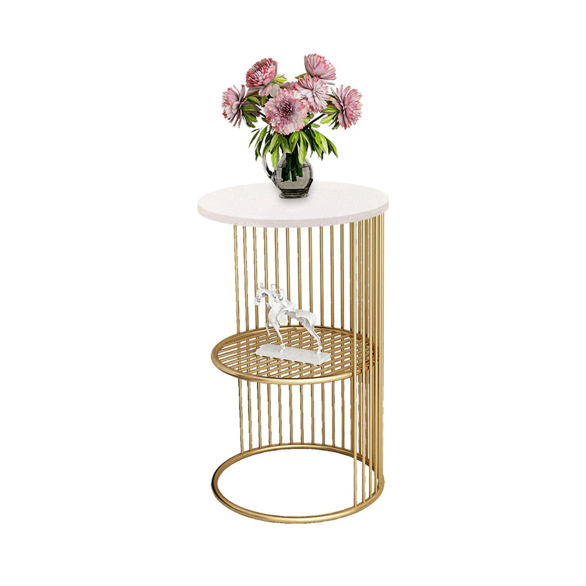 Designer Art Golden Half Caged White with Marble Coffee Round Side Table - Decor Mantra 