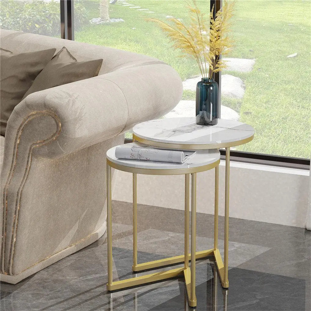 Marble Round Top Nesting Coffee Tables Set of 2 End and Sofa Side Tables - Decor Mantra 