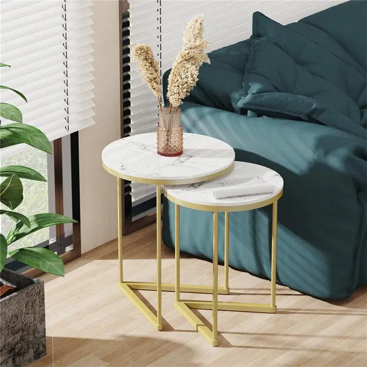 Marble Round Top Nesting Coffee Tables Set of 2 End and Sofa Side Tables - Decor Mantra 