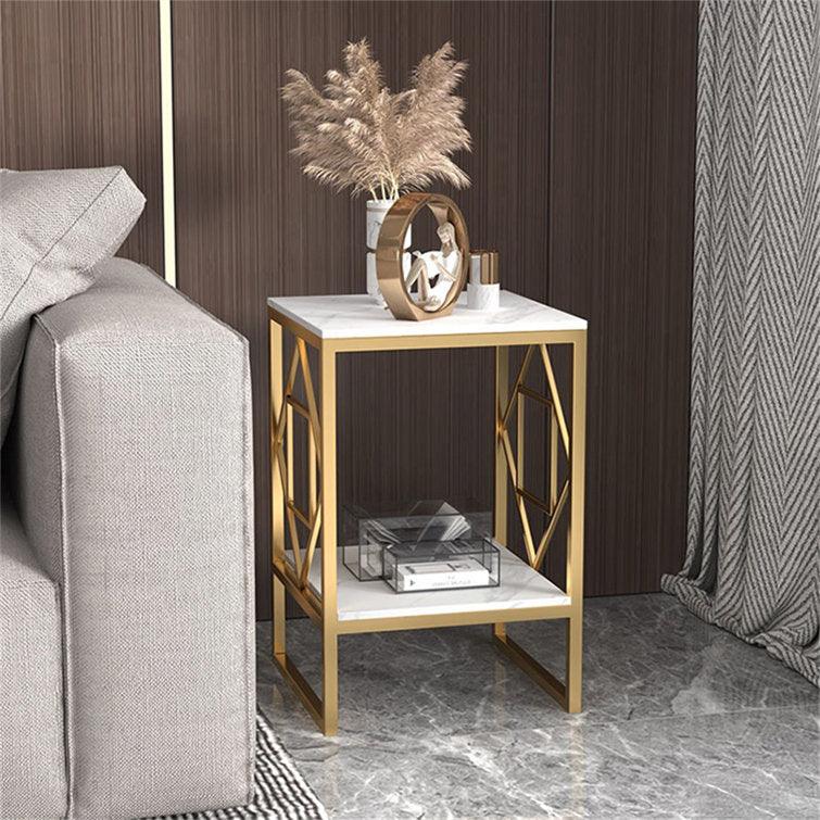 Golden Metal Square End Table with a Geometric Rhombus Frame - Decor Mantra 
