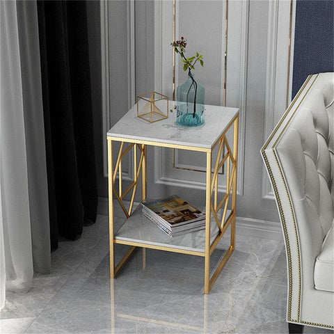 Golden Metal Square End Table with a Geometric Rhombus Frame - Decor Mantra 