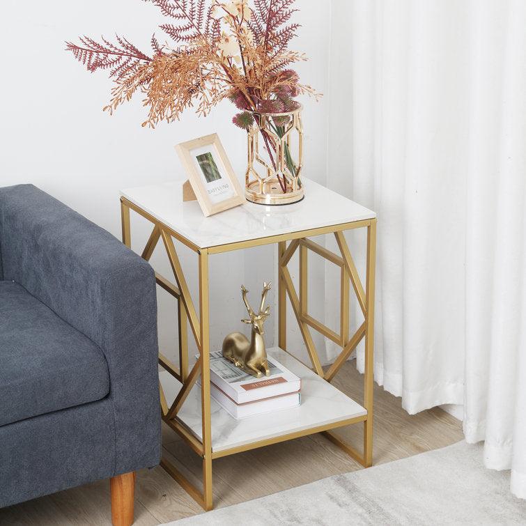 Golden Metal Square End Table with a Geometric Rhombus Frame - Decor Mantra 