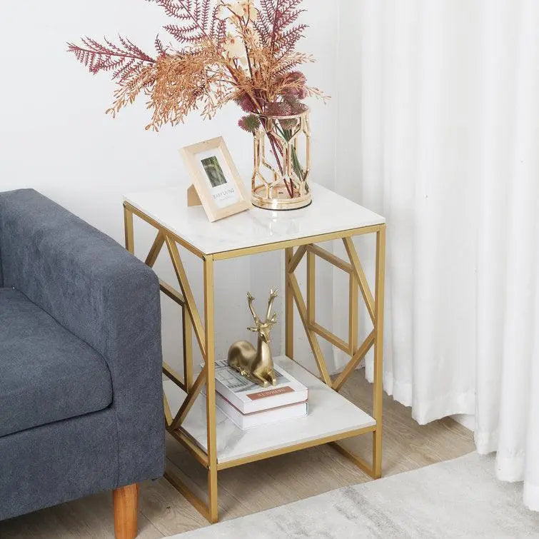 Golden Metal Square End Table with a Geometric Rhombus Frame - Decor Mantra 