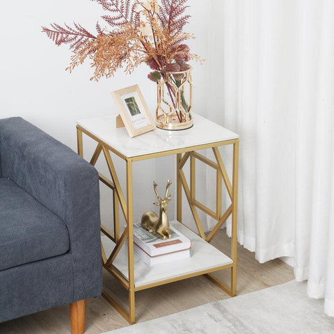 Golden Metal Square End Table with a Geometric Rhombus Frame - Decor Mantra 