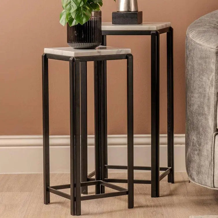 White Marble and black Iron Side Coffee Tables, Set of 2 - Decor Mantra 