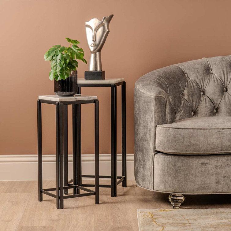 White Marble and black Iron Side Coffee Tables, Set of 2 - Decor Mantra 
