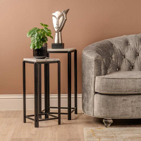 White Marble and black Iron Side Coffee Tables, Set of 2 - Decor Mantra 