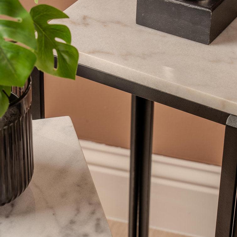 White Marble and black Iron Side Coffee Tables, Set of 2 - Decor Mantra 