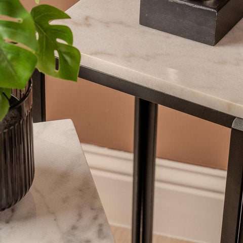 White Marble and black Iron Side Coffee Tables, Set of 2 - Decor Mantra 