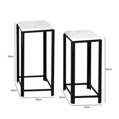 White Marble and black Iron Side Coffee Tables, Set of 2 - Decor Mantra 