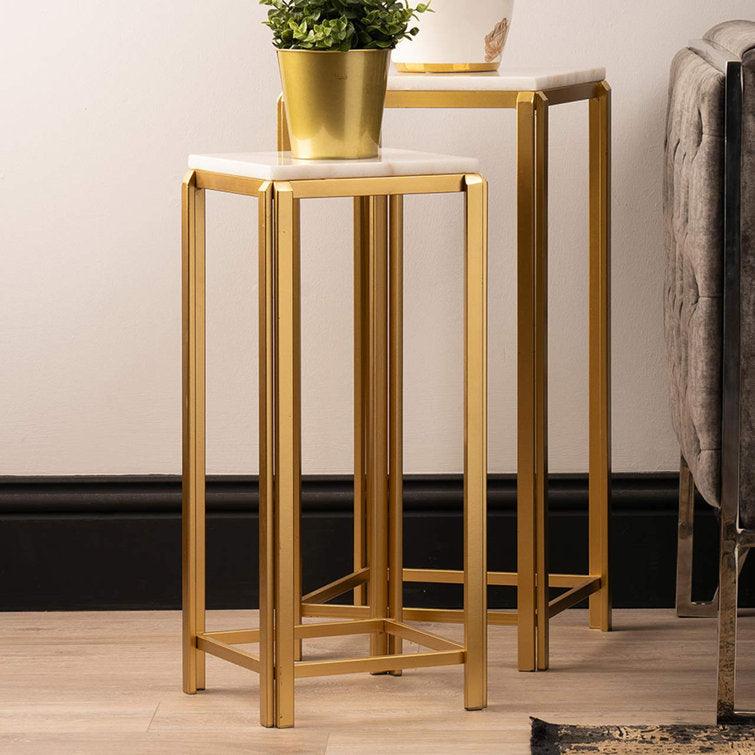 White Marble Side Tables with Golden Iron Stands, Set of 2 - Decor Mantra 