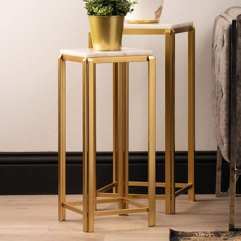 White Marble Side Tables with Golden Iron Stands, Set of 2 - Decor Mantra 