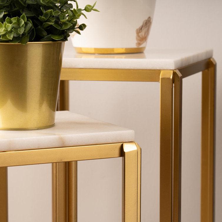 White Marble Side Tables with Golden Iron Stands, Set of 2 - Decor Mantra 