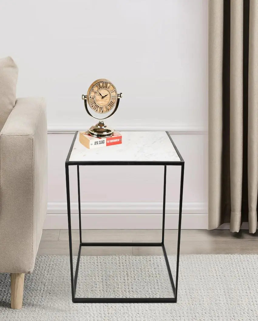 Square White Marble and Black Stand Side Table - Decor Mantra 