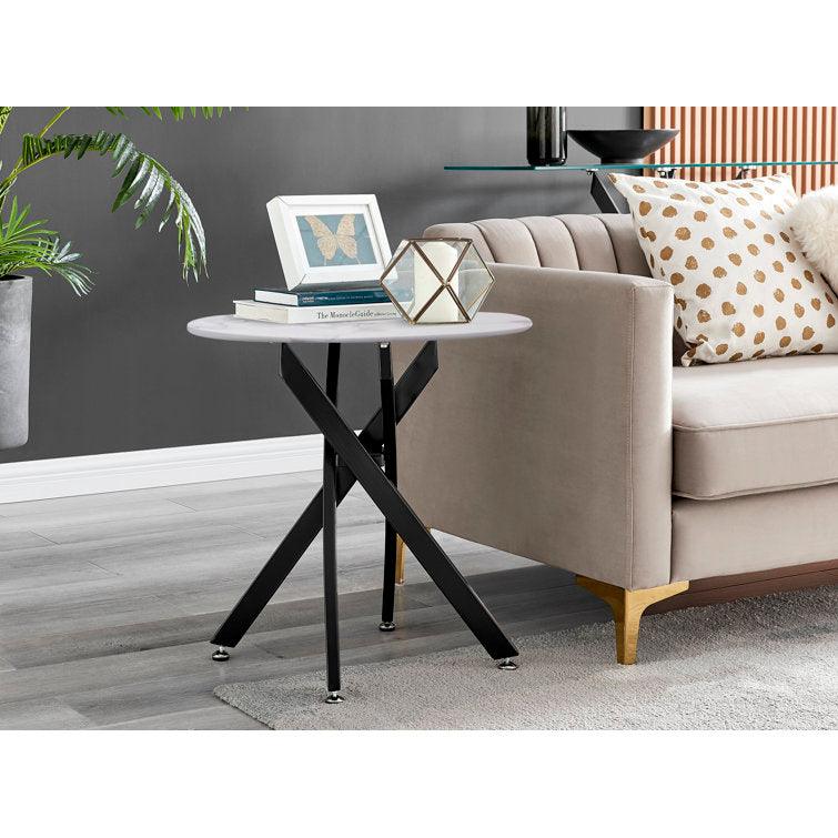 Marble Effect Round Side Table with Glass Top and Metal Legs - Decor Mantra 