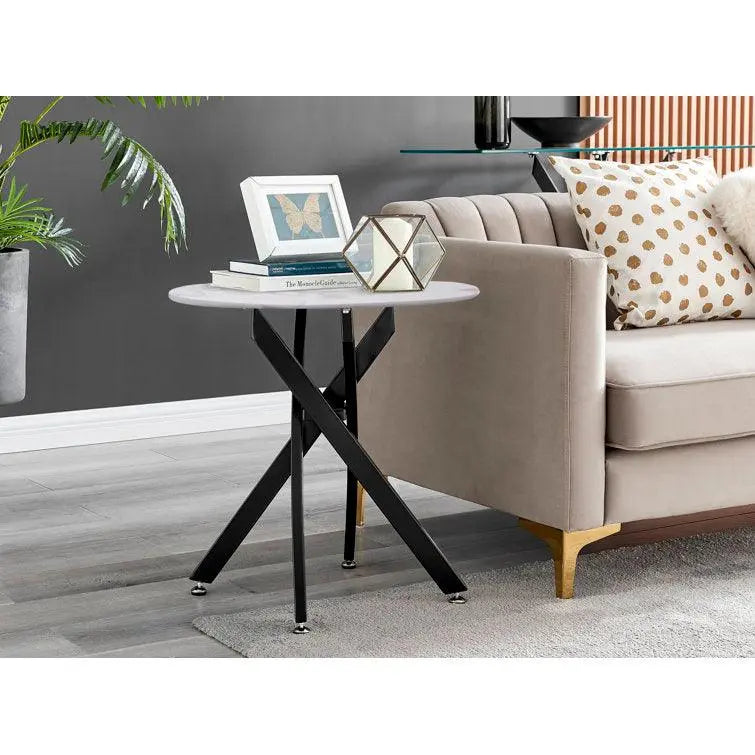 Marble Effect Round Side Table with Glass Top and Metal Legs - Decor Mantra 