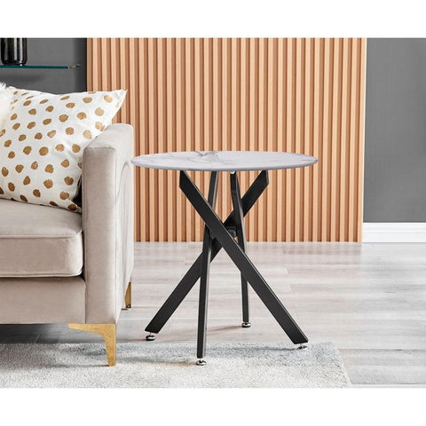 Marble Effect Round Side Table with Glass Top and Metal Legs - Decor Mantra 