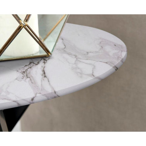 Marble Effect Round Side Table with Glass Top and Metal Legs - Decor Mantra 