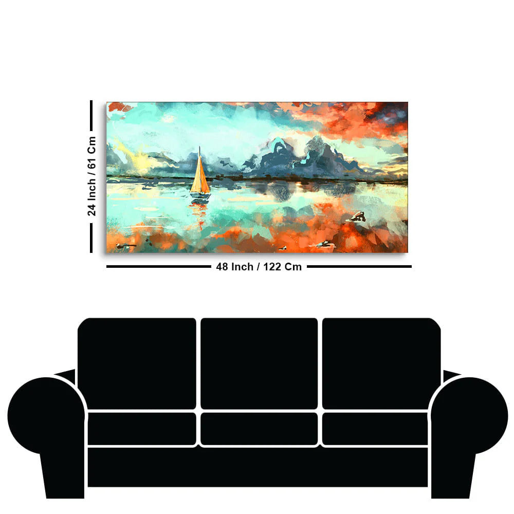 Sailing Boat in Lake at Sunset Premium Canvas Wall Painting DECORMANTRA
