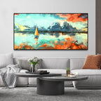 Sailing Boat in Lake at Sunset Premium Canvas Wall Painting DECORMANTRA