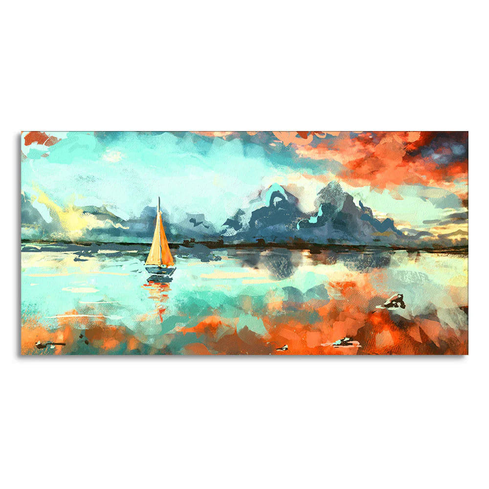 Sailing Boat in Lake at Sunset Premium Canvas Wall Painting DECORMANTRA