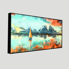 Sailing Boat in Lake at Sunset Premium Canvas Wall Painting DECORMANTRA