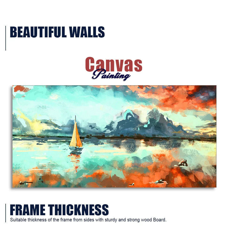 Sailing Boat in Lake at Sunset Premium Canvas Wall Painting DECORMANTRA