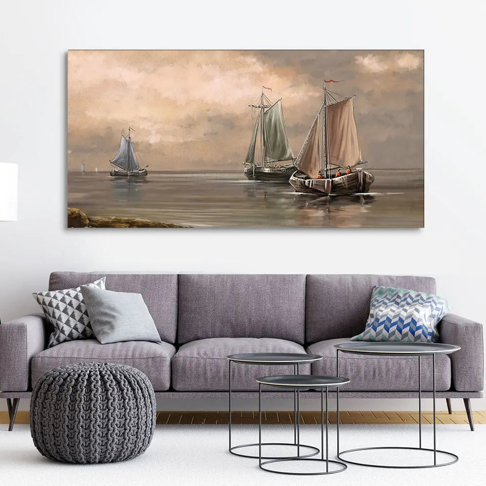 Sailing Boat on the Sea landscape with Fisherman Wall Painting DECORMANTRA