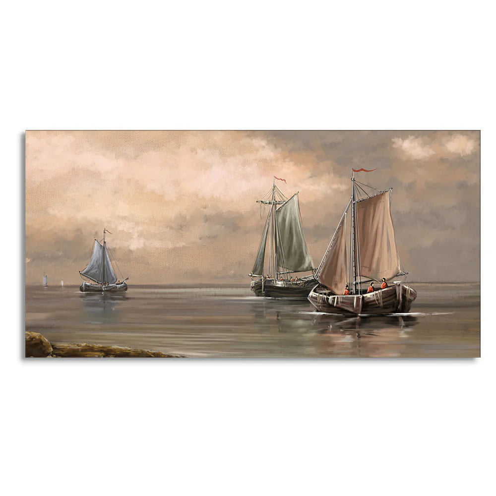 Sailing Boat on the Sea landscape with Fisherman Wall Painting DECORMANTRA